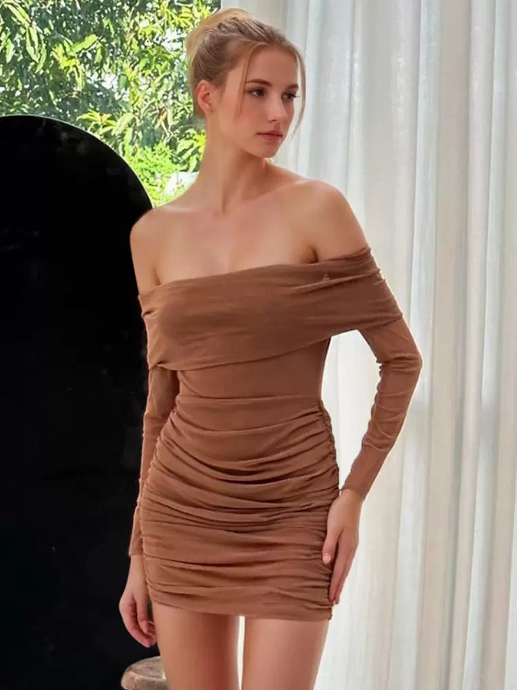 Bateau Neck Pleated Stretch Chic Long Sleeves Pencil Bodycon Dress