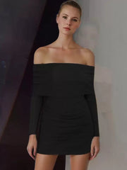 Bateau Neck Pleated Stretch Chic Long Sleeves Pencil Bodycon Dress