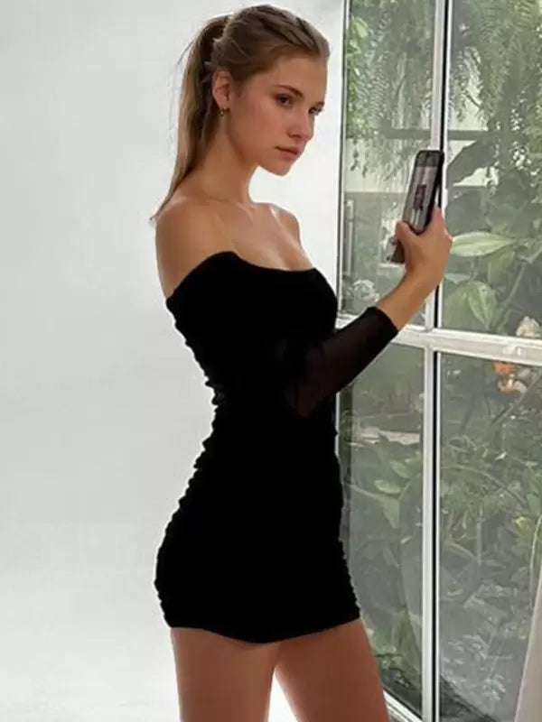 Bateau Neck Pleated Stretch Chic Long Sleeves Pencil Bodycon Dress