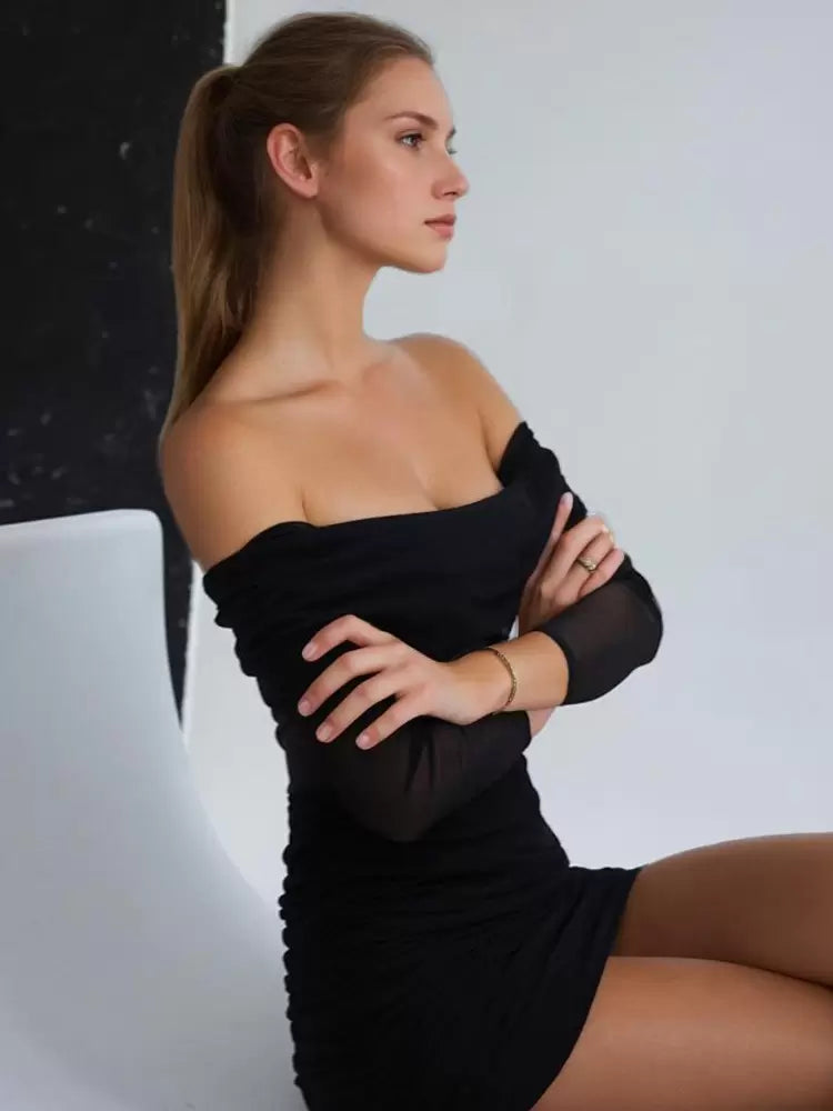 Bateau Neck Pleated Stretch Chic Long Sleeves Pencil Bodycon Dress