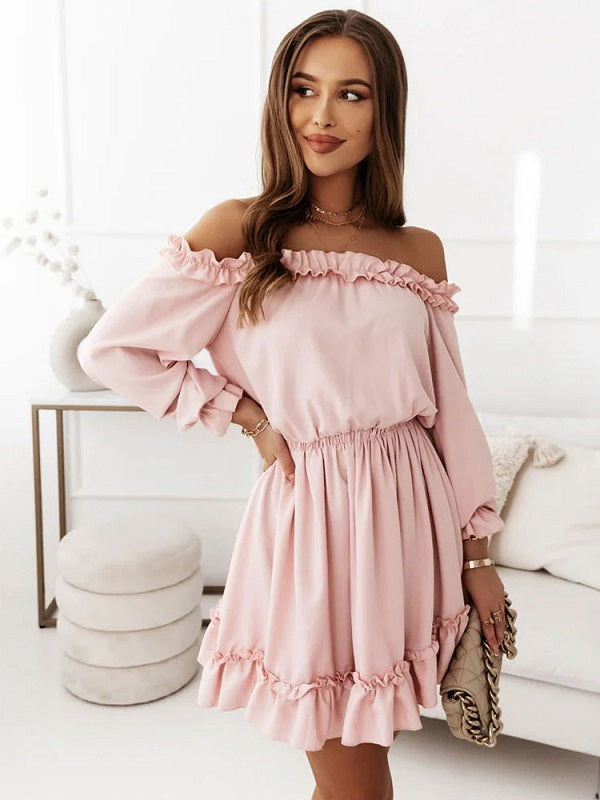 Bateau Neck Long Sleeves Flared Dress