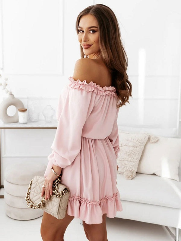 Bateau Neck Long Sleeves Flared Dress