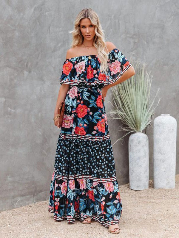 Bateau Neck Short Sleeves Polyester Bohemian Maxi Dress