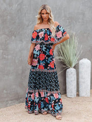 Bateau Neck Short Sleeves Polyester Bohemian Maxi Dress