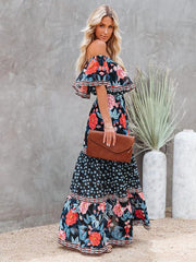 Bateau Neck Short Sleeves Polyester Bohemian Maxi Dress