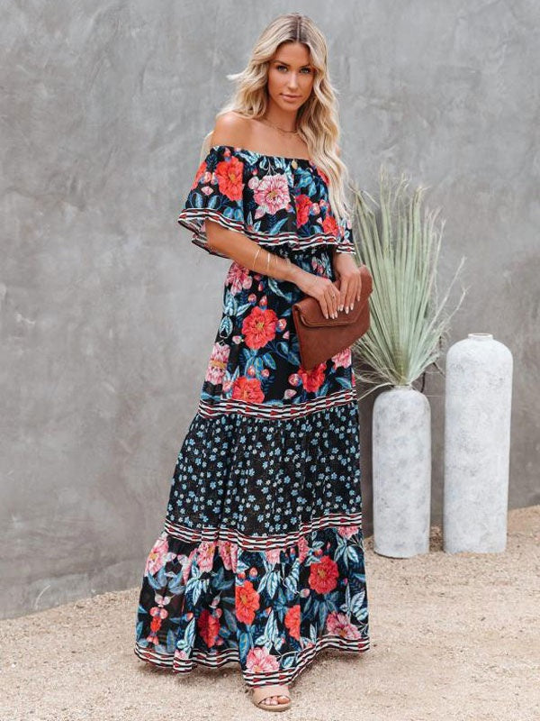 Bateau Neck Short Sleeves Polyester Bohemian Maxi Dress