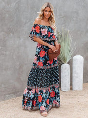 Bateau Neck Short Sleeves Polyester Bohemian Maxi Dress