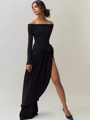 Bateau Neck Split Front Long Sleeves Asymmetrical Semi Formal Party Dress