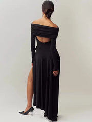 Bateau Neck Split Front Long Sleeves Asymmetrical Semi Formal Party Dress