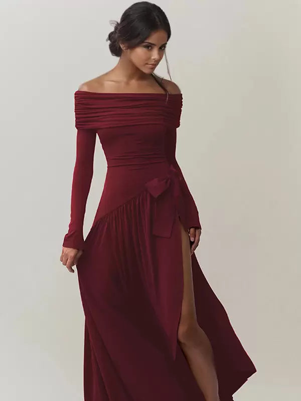 Bateau Neck Split Front Long Sleeves Asymmetrical Semi Formal Party Dress