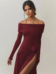Bateau Neck Split Front Long Sleeves Asymmetrical Semi Formal Party Dress