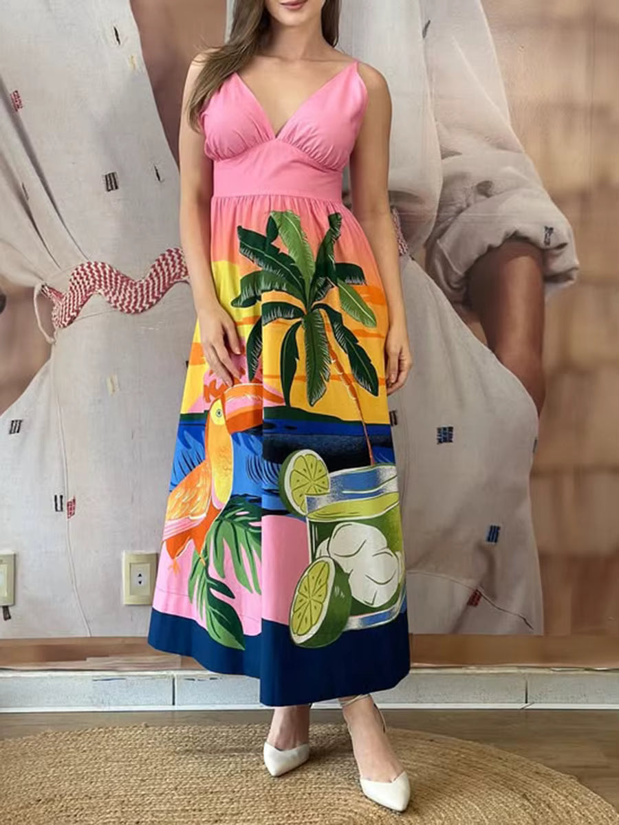 Beach Style Printed V-Neck Sleeveless Patchwork Elastic High Waist Maxi Dress