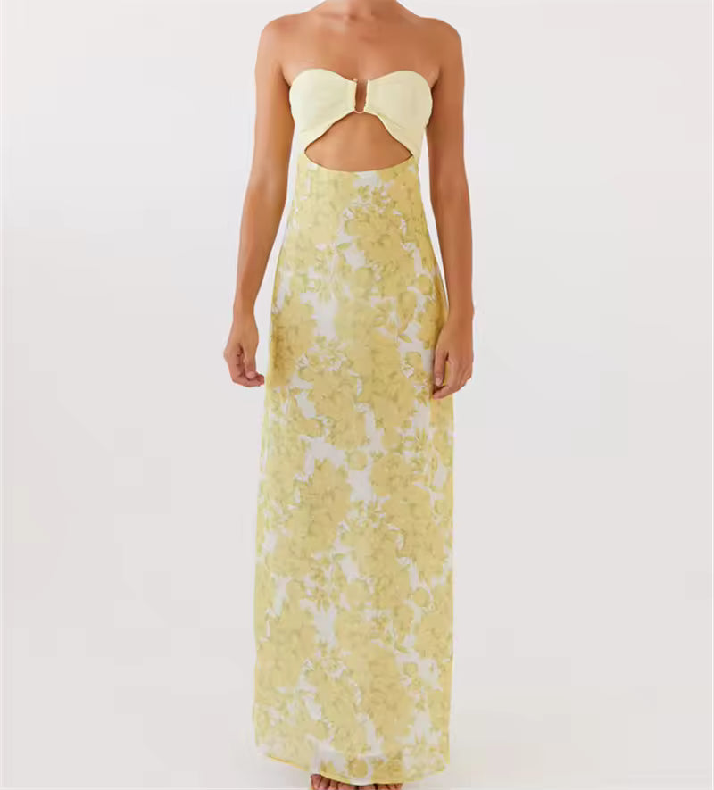 Beach Style Strapless Hollow Out Floral Print Bow Tie Bodycon Maxi Dress