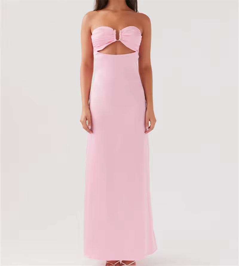 Beach Style Strapless Hollow Out Bow Tie Bodycon Maxi Dress
