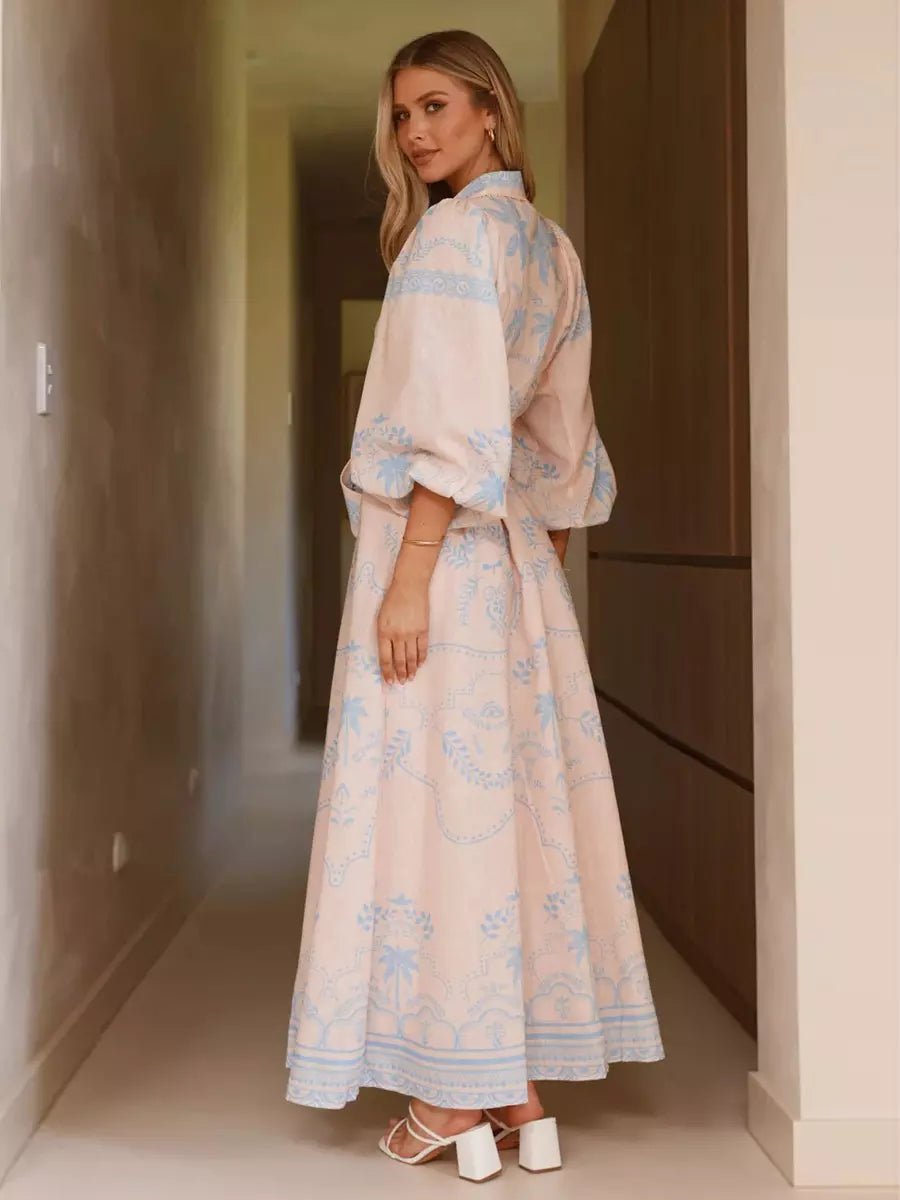 Beach Style Tropical Print Belted Long Long Sleeve Puff Sleeve Maxi Dress