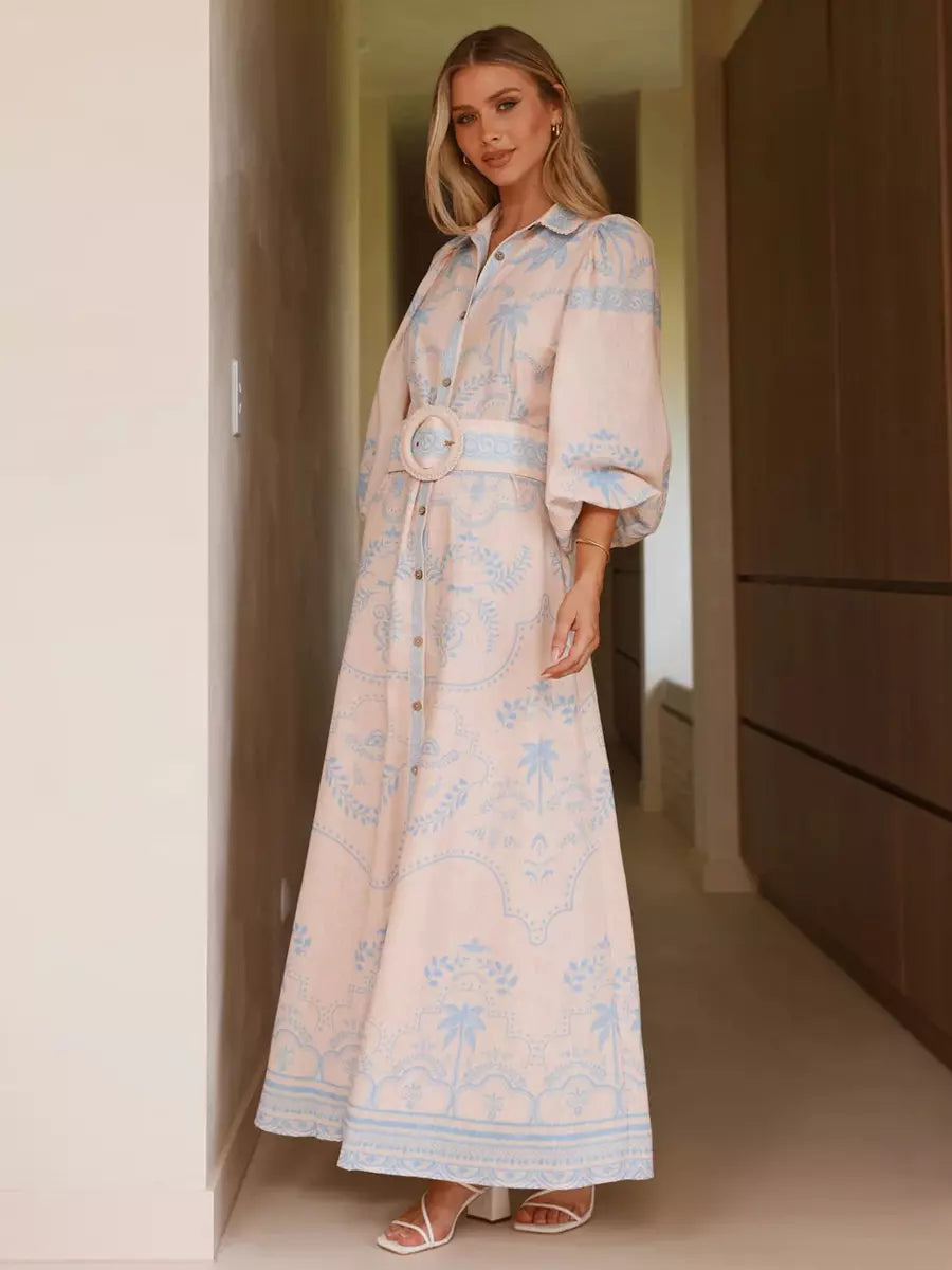 Beach Style Tropical Print Belted Long Long Sleeve Puff Sleeve Maxi Dress