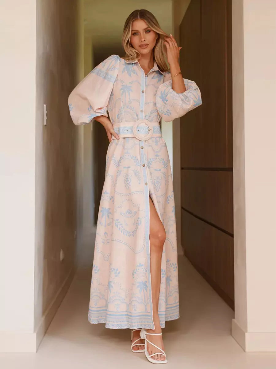 Beach Style Tropical Print Belted Long Long Sleeve Puff Sleeve Maxi Dress