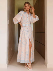 Beach Style Tropical Print Belted Long Long Sleeve Puff Sleeve Maxi Dress