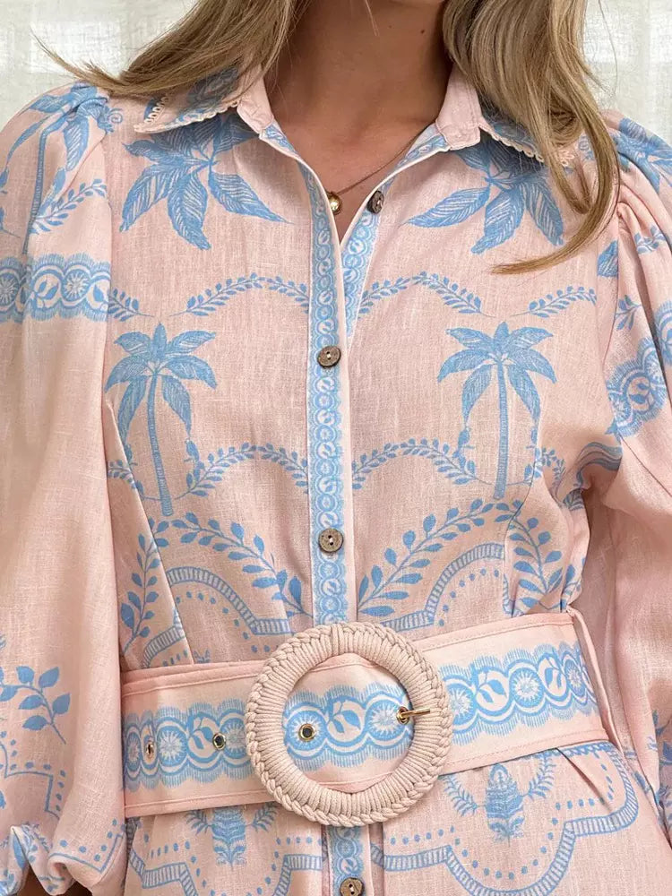 Beach Style Tropical Print Belted Long Long Sleeve Puff Sleeve Maxi Dress