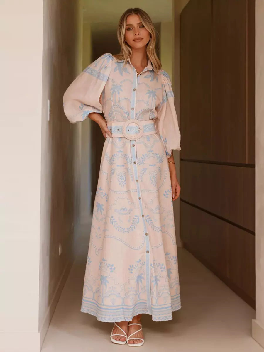 Beach Style Tropical Print Belted Long Long Sleeve Puff Sleeve Maxi Dress