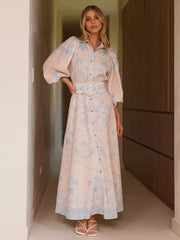 Beach Style Tropical Print Belted Long Long Sleeve Puff Sleeve Maxi Dress