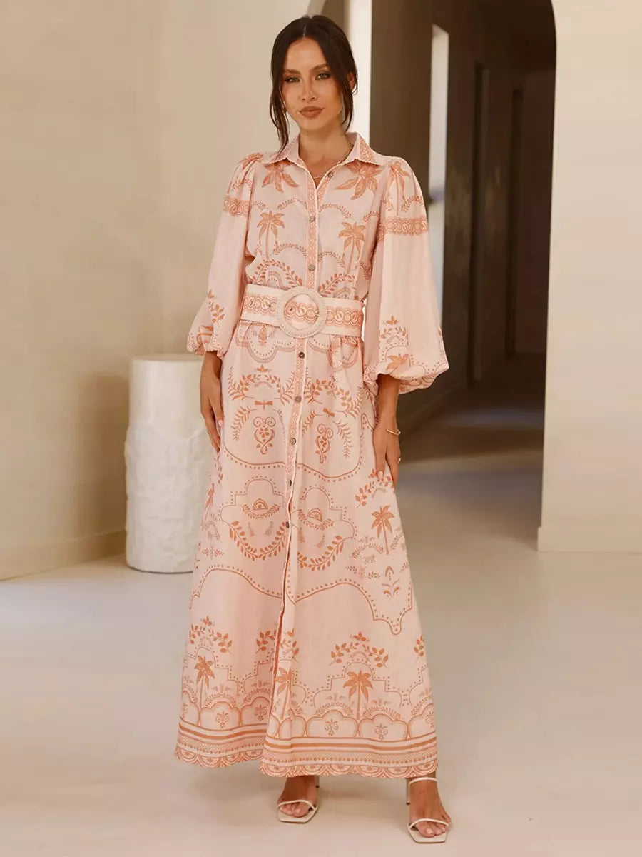 Beach Style Tropical Print Belted Long Long Sleeve Puff Sleeve Maxi Dress