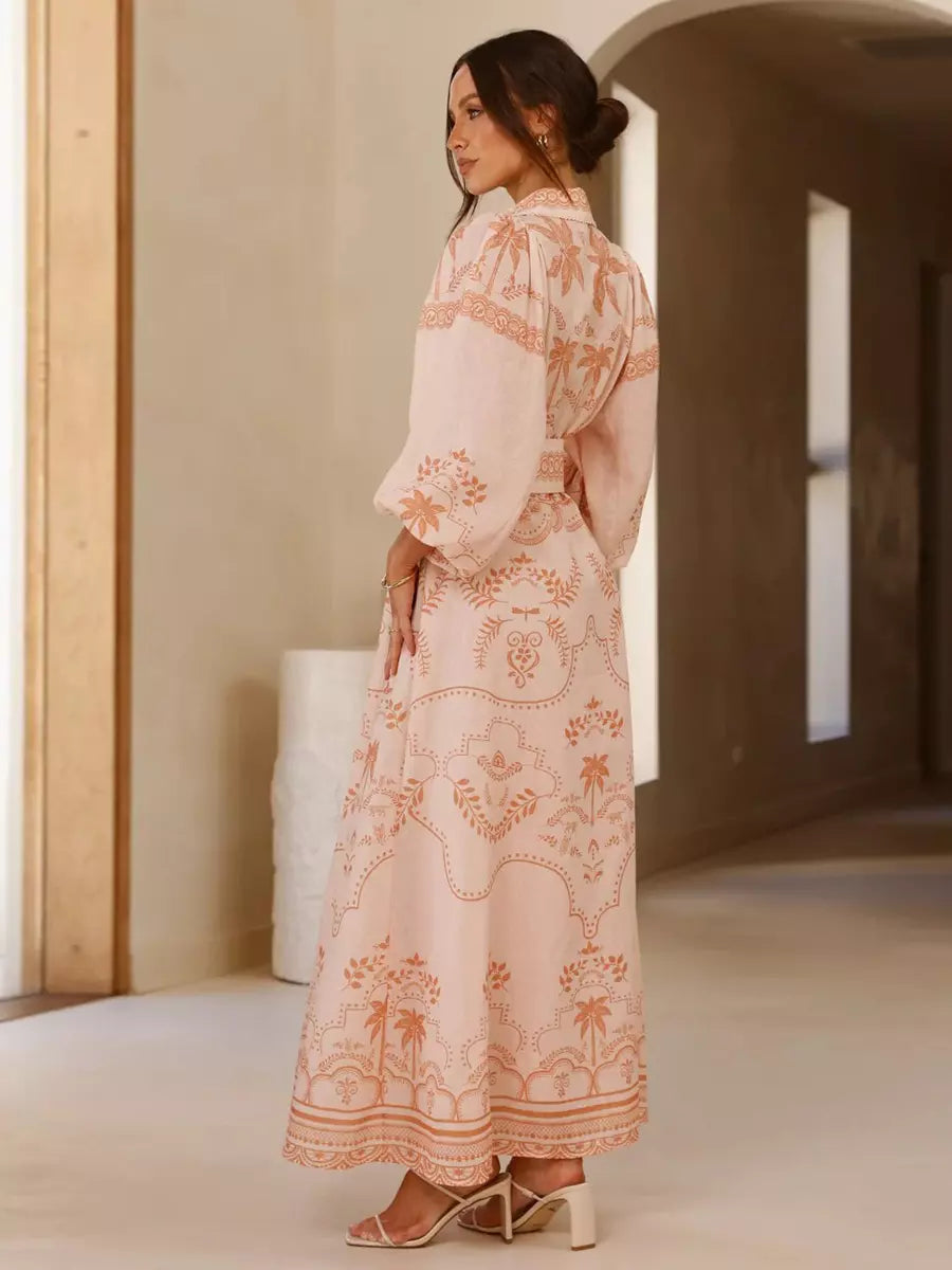 Beach Style Tropical Print Belted Long Long Sleeve Puff Sleeve Maxi Dress