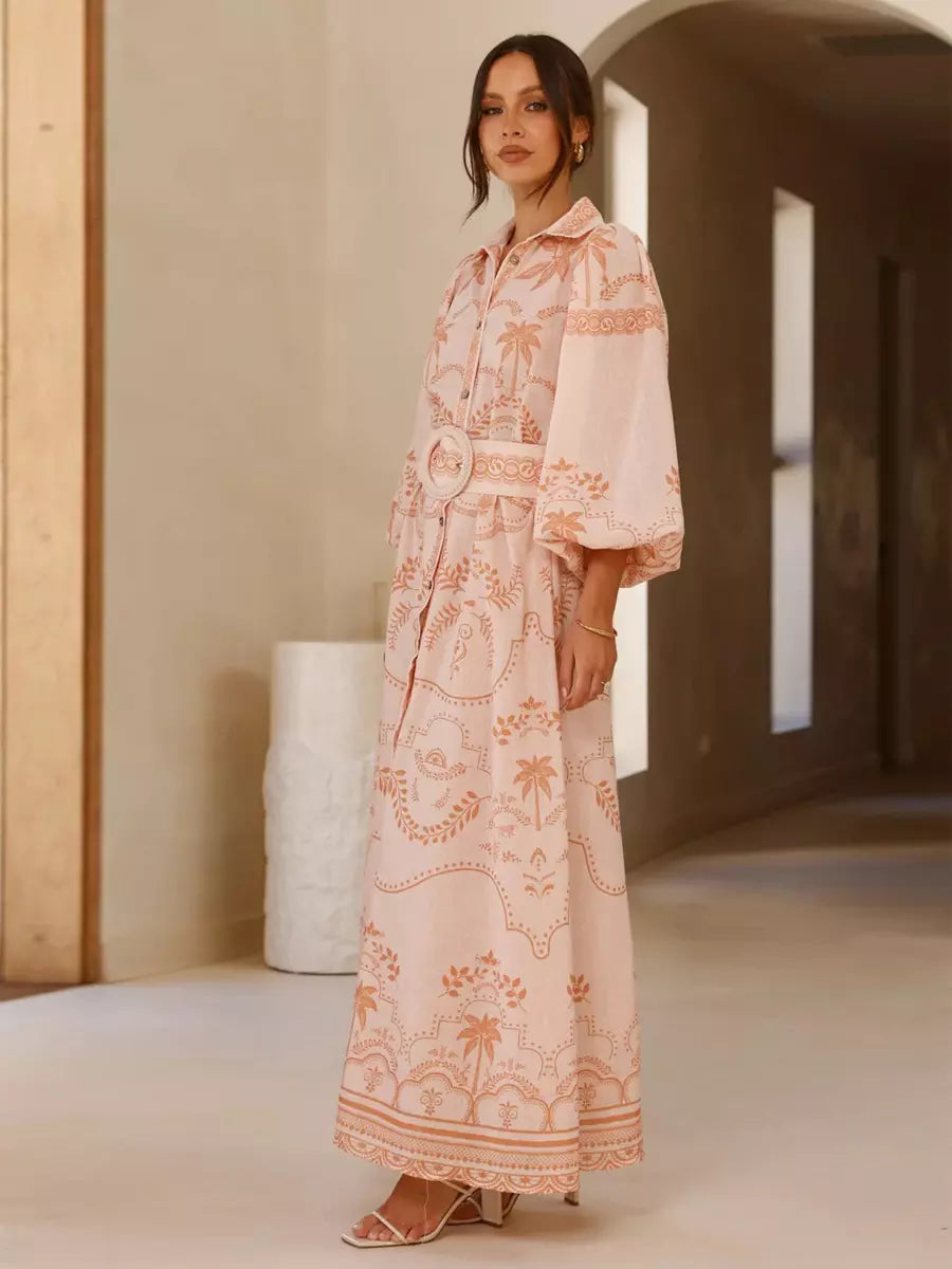 Beach Style Tropical Print Belted Long Long Sleeve Puff Sleeve Maxi Dress