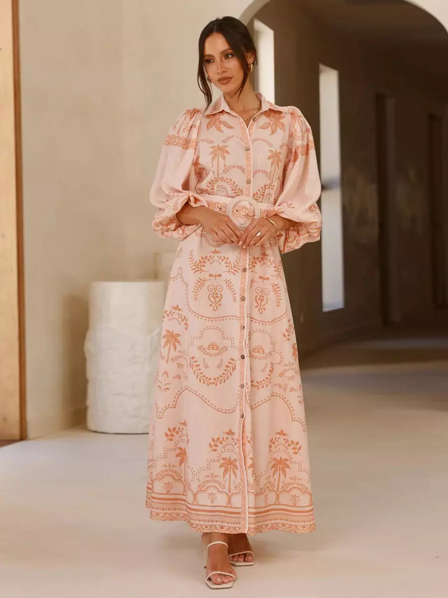 Beach Style Tropical Print Belted Long Long Sleeve Puff Sleeve Maxi Dress