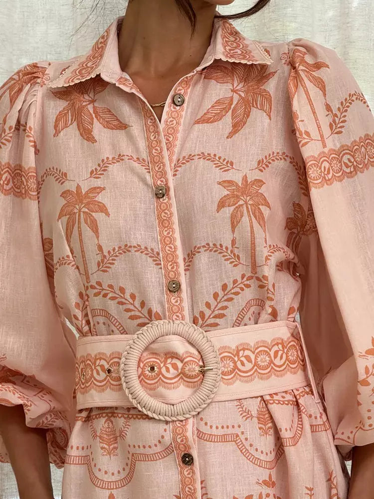 Beach Style Tropical Print Belted Long Long Sleeve Puff Sleeve Maxi Dress