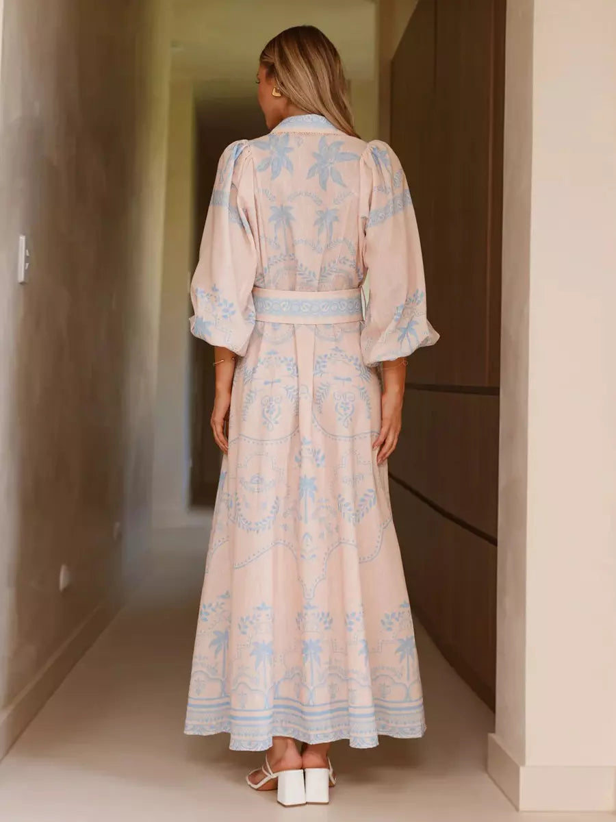 Beach Style Tropical Print Belted Long Long Sleeve Puff Sleeve Maxi Dress