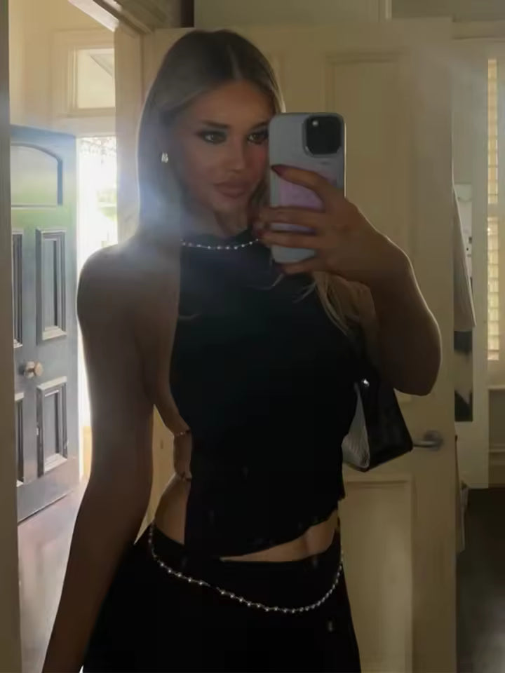 Beading Backless Cropped Halter Vest Hip Package Short Skirts Beach 2 Pieces Outfits