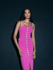 Beading Spaghetti Strap Sleeveless Button Design Evening Party Bodycon Midi Dresses