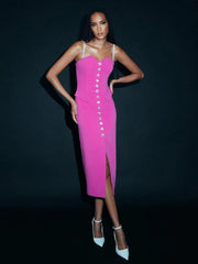 Beading Spaghetti Strap Sleeveless Button Design Evening Party Bodycon Midi Dresses