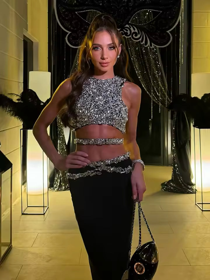 Beading Tank Maxi Long Two Pieces Skirt Bandage Celebrity Designer Set