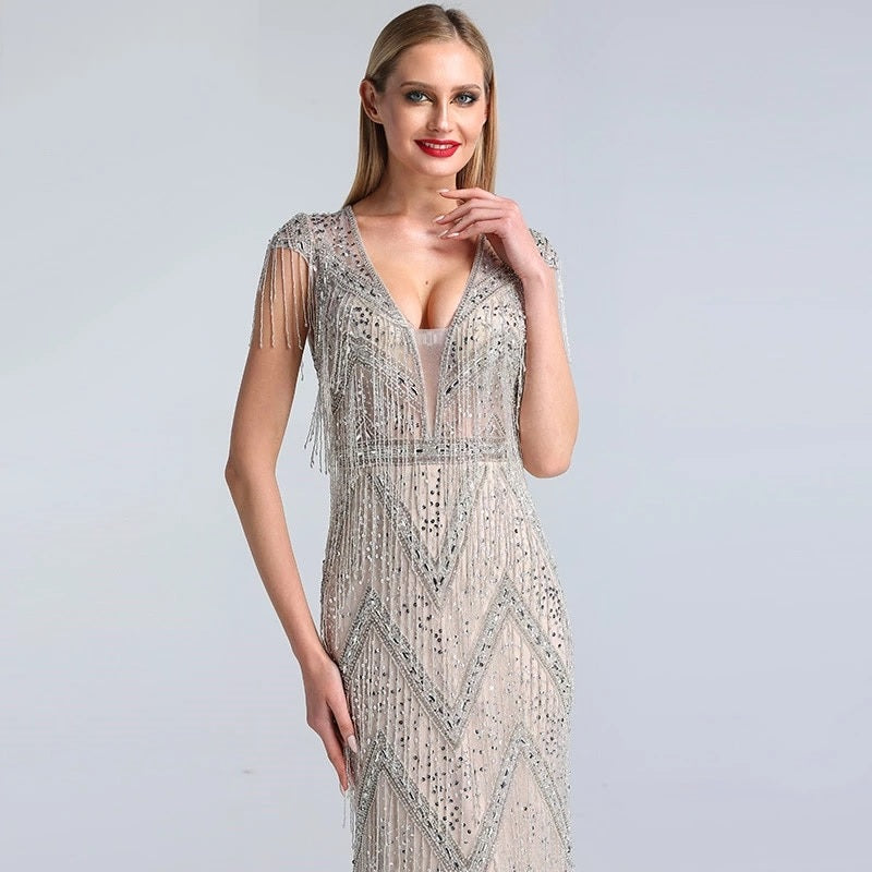 Beading Tassel Luxury Cap Sleeves Elegant Party Dress