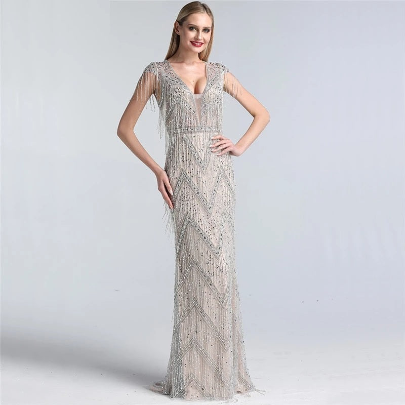 Beading Tassel Luxury Cap Sleeves Elegant Party Dress