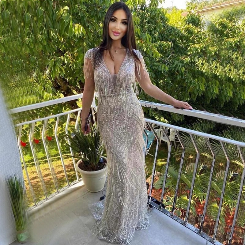Beading Tassel Luxury Cap Sleeves Elegant Party Dress