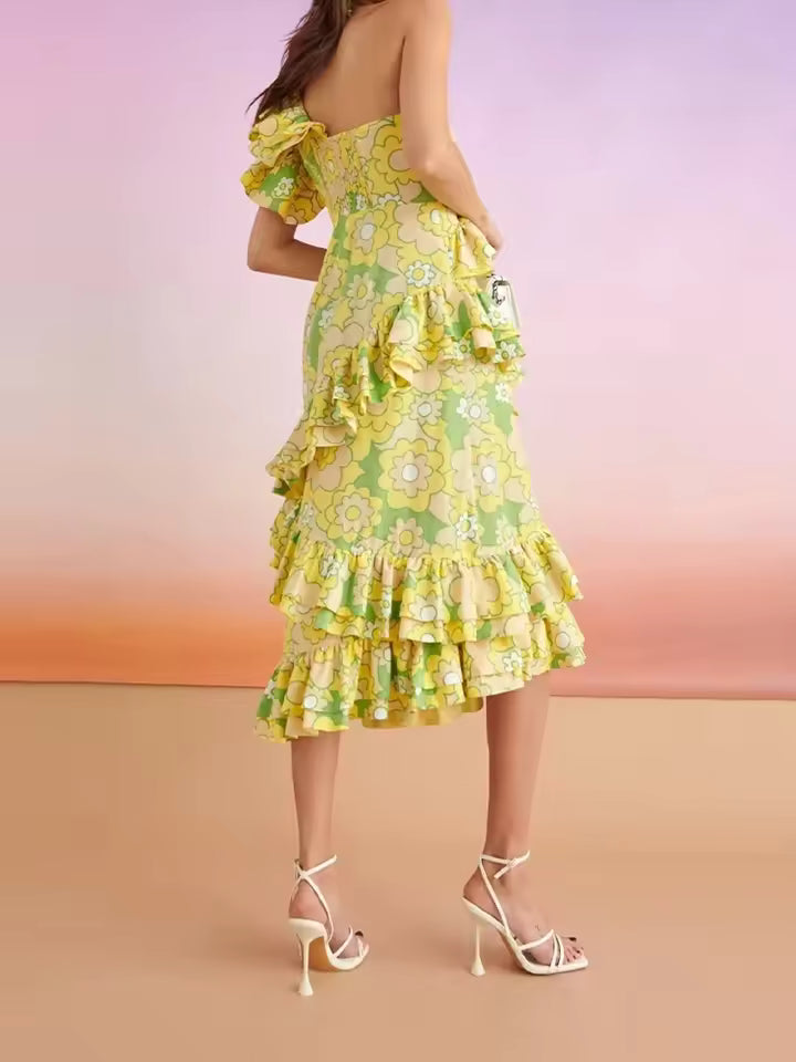 Beautiful Tiered Sleeveless Asymmetrical Printed Ruffle Dress