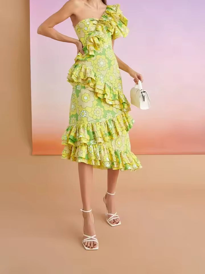 Beautiful Tiered Sleeveless Asymmetrical Printed Ruffle Dress
