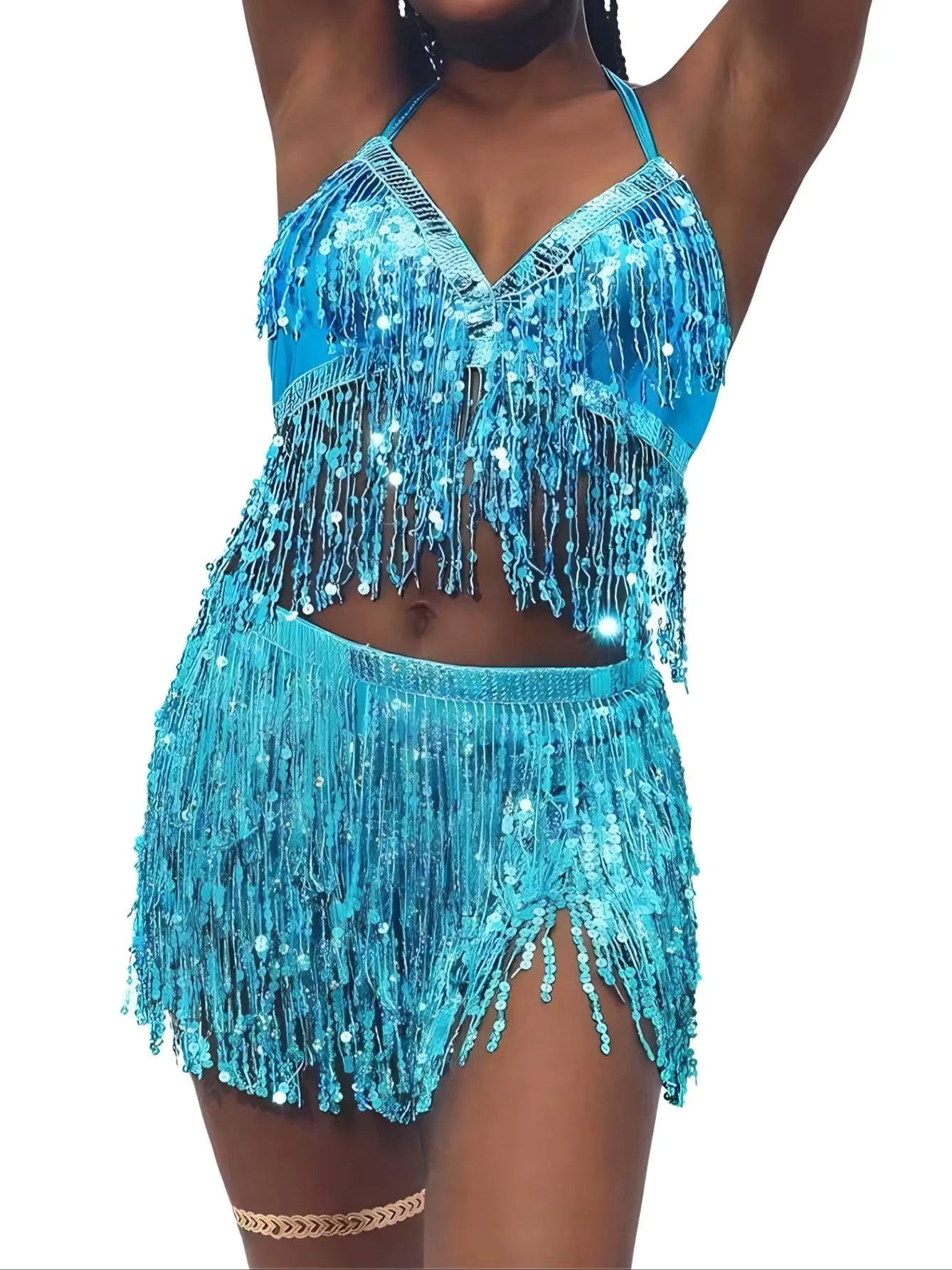 Belly Dance Top Bra Belt Latin Sequin Fringe Halter Hip Skirt Party Costume 4 Layer Tassel Two Piece Set