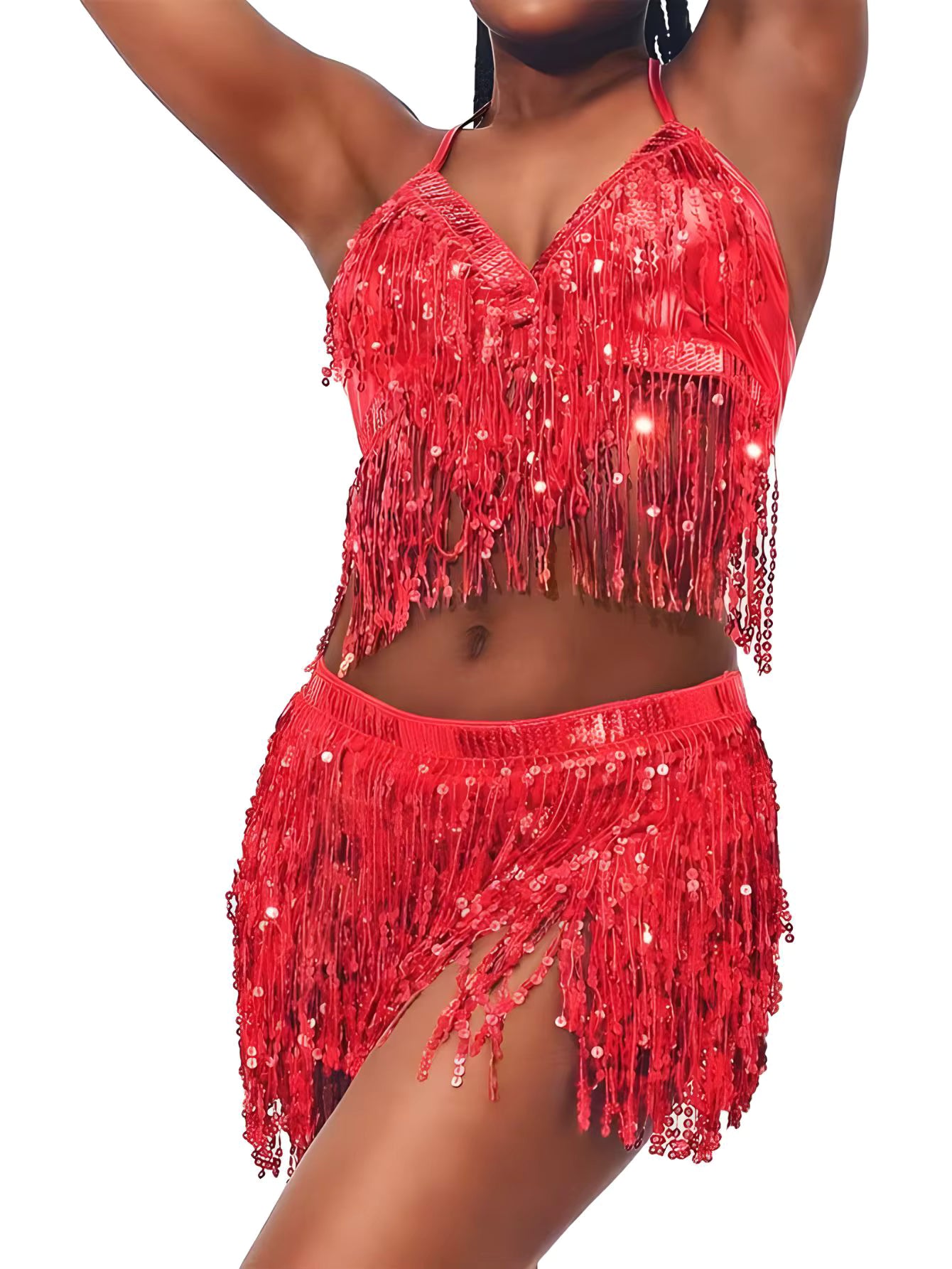 Belly Dance Top Bra Belt Latin Sequin Fringe Halter Hip Skirt Party Costume 4 Layer Tassel Two Piece Set