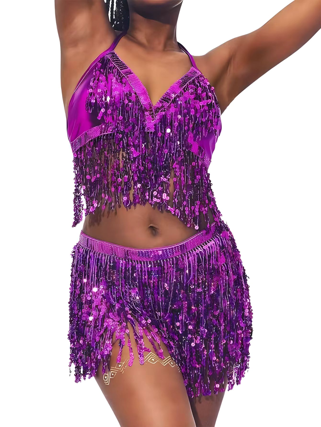 Belly Dance Top Bra Belt Latin Sequin Fringe Halter Hip Skirt Party Costume 4 Layer Tassel Two Piece Set
