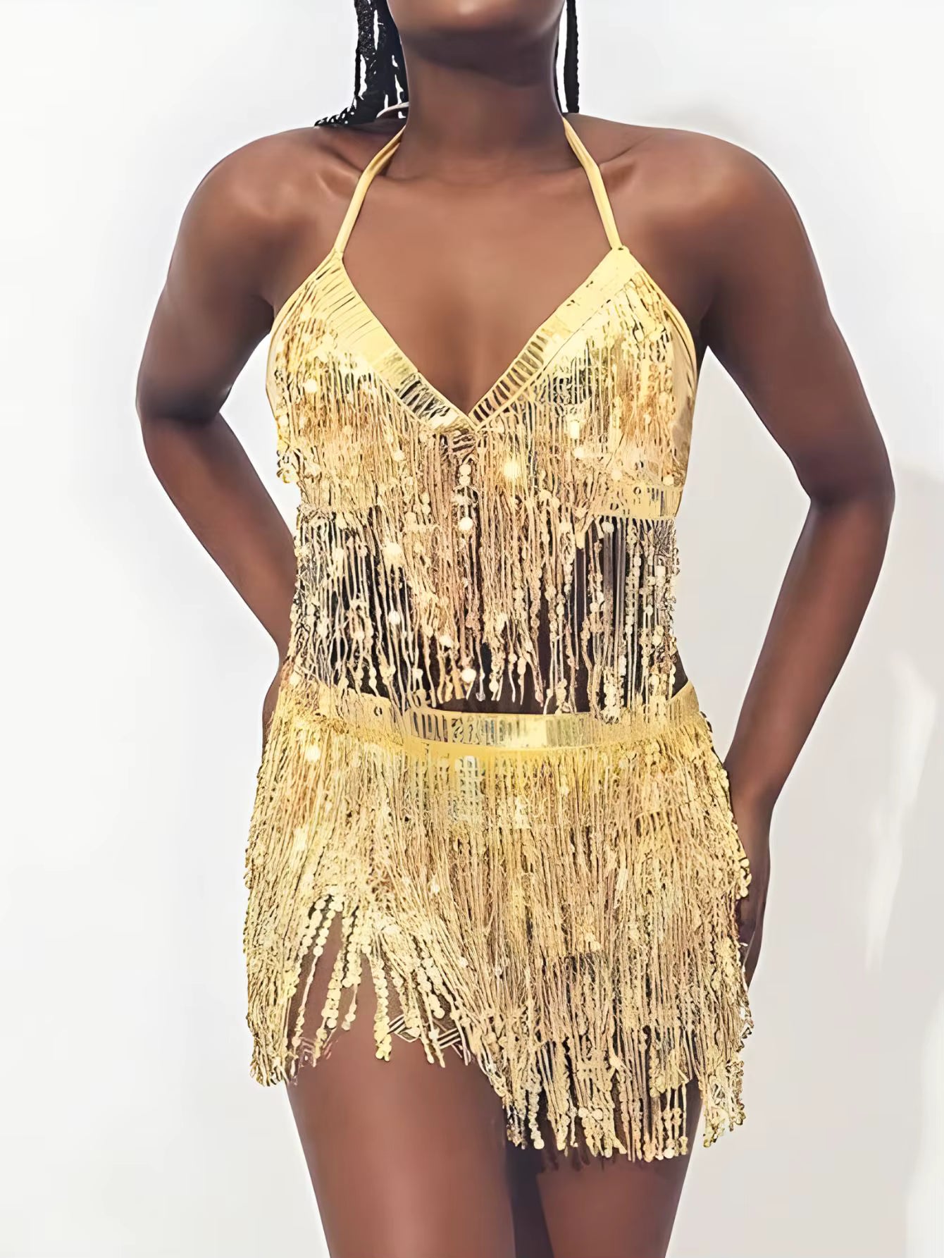 Belly Dance Top Bra Belt Latin Sequin Fringe Halter Hip Skirt Party Costume 4 Layer Tassel Two Piece Set