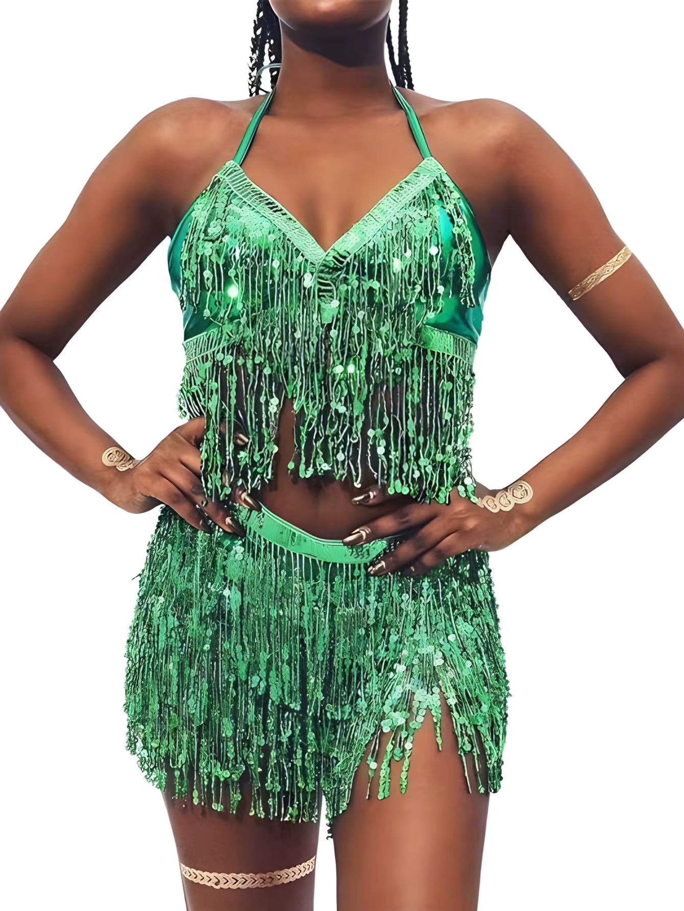 Belly Dance Top Bra Belt Latin Sequin Fringe Halter Hip Skirt Party Costume 4 Layer Tassel Two Piece Set