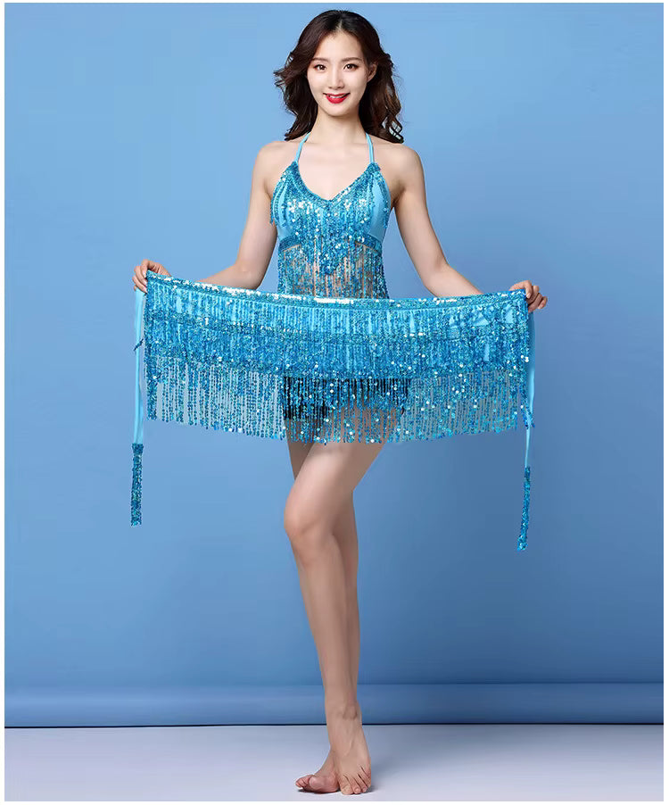 Belly Dance Top Bra Belt Latin Sequin Fringe Halter Hip Skirt Party Costume 4 Layer Tassel Two Piece Set
