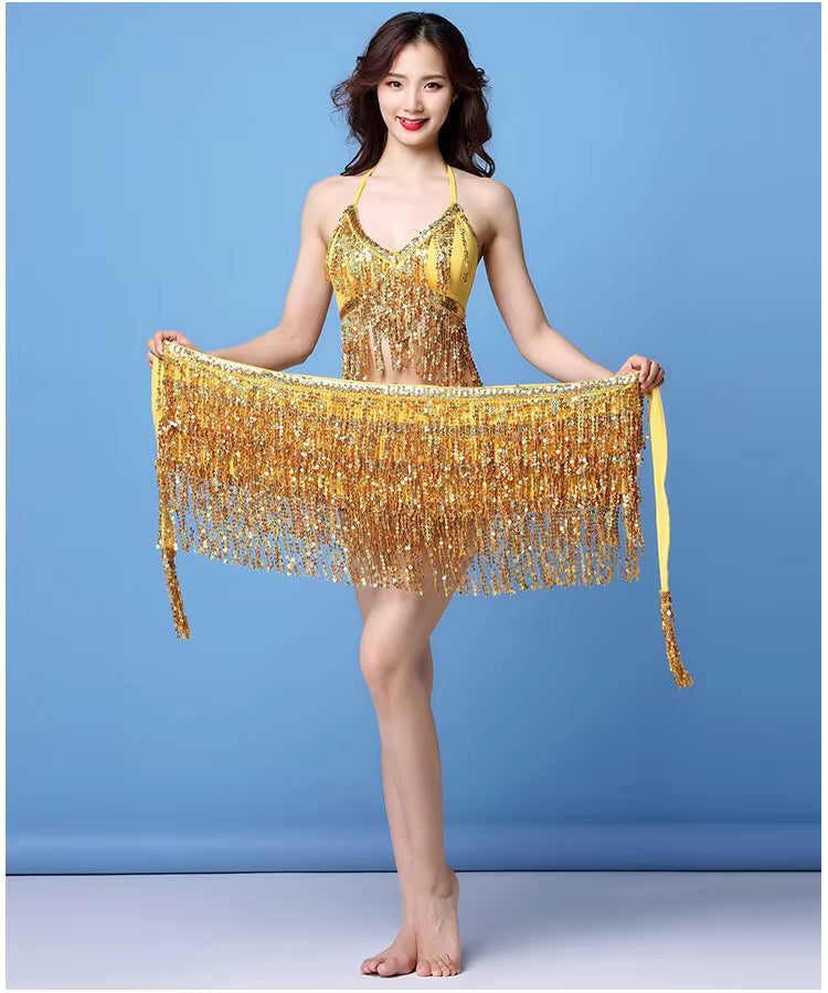 Belly Dance Top Bra Belt Latin Sequin Fringe Halter Hip Skirt Party Costume 4 Layer Tassel Two Piece Set