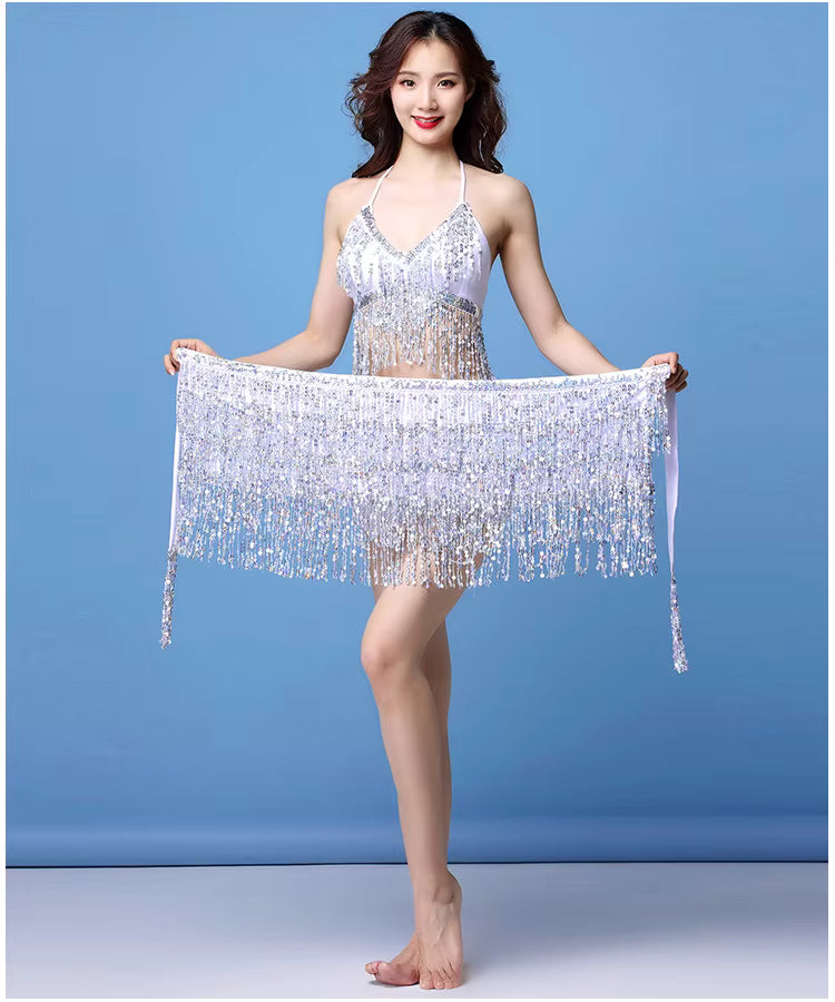 Belly Dance Top Bra Belt Latin Sequin Fringe Halter Hip Skirt Party Costume 4 Layer Tassel Two Piece Set