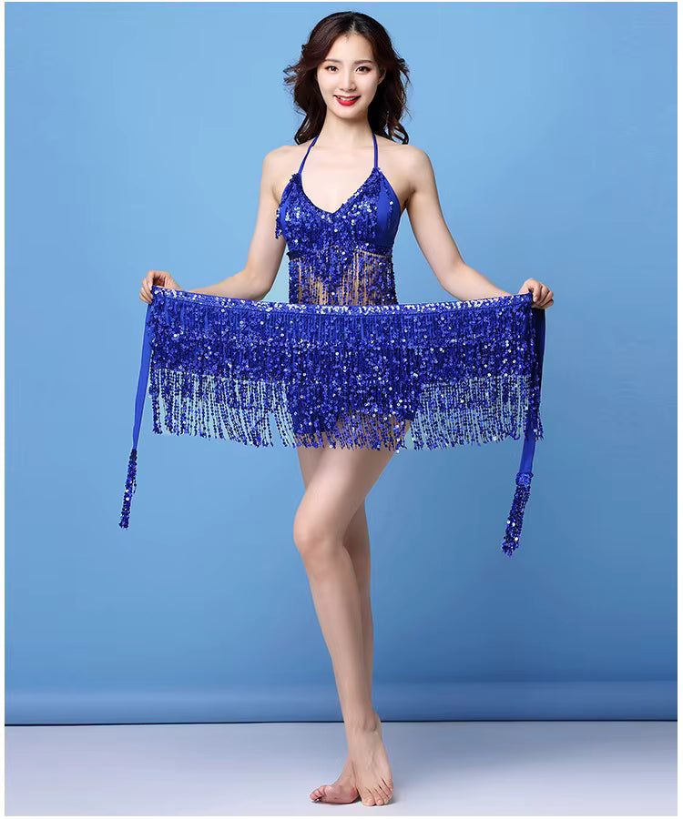 Belly Dance Top Bra Belt Latin Sequin Fringe Halter Hip Skirt Party Costume 4 Layer Tassel Two Piece Set