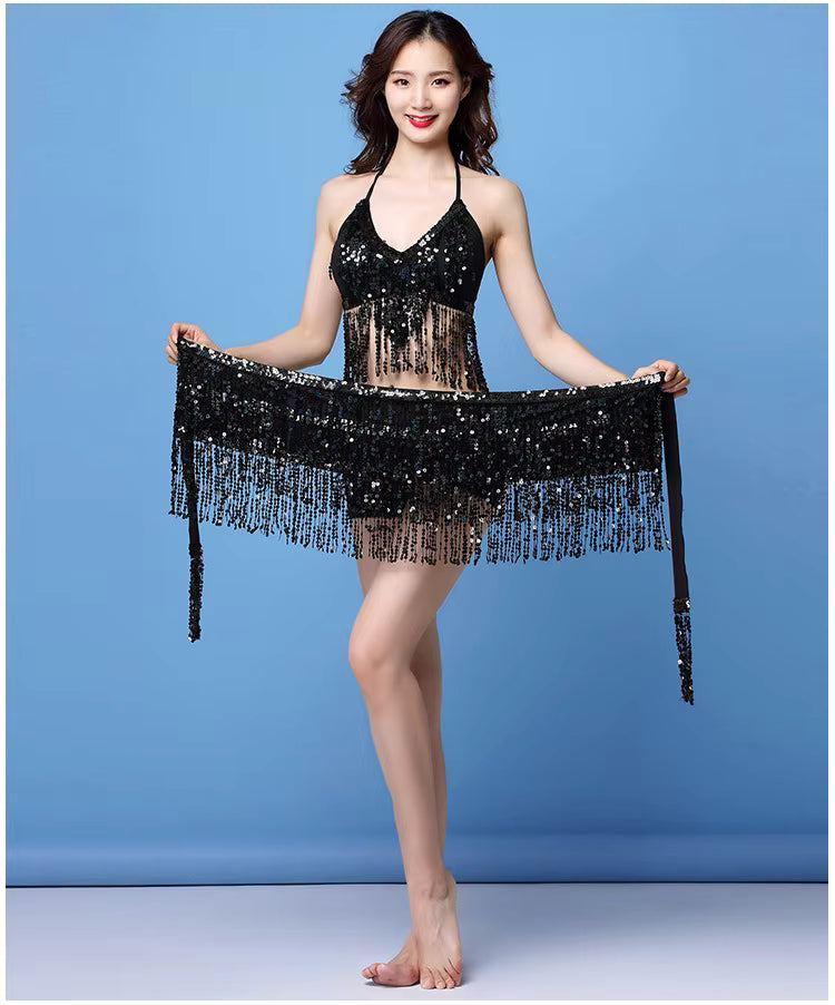 Belly Dance Top Bra Belt Latin Sequin Fringe Halter Hip Skirt Party Costume 4 Layer Tassel Two Piece Set